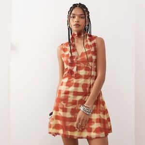 Reclaimed Vintage V-Neck Mini Dress in Red Floral Check Print